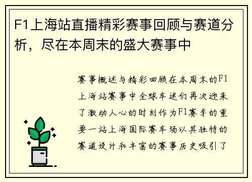 F1上海站直播精彩赛事回顾与赛道分析，尽在本周末的盛大赛事中