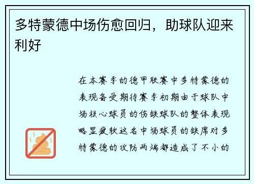 多特蒙德中场伤愈回归，助球队迎来利好